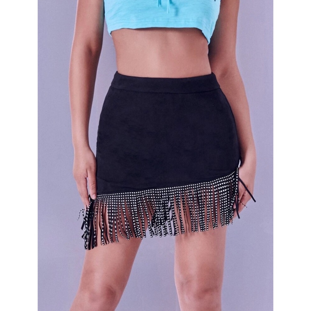 Black Fringe Faux Suede Skirt